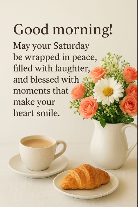 Good morning! May your Saturday be wrapped in peace, filled with laughter, and blessed with moments that make your heart smile.